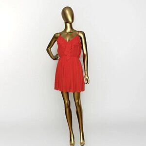 BCBG Chiffon Red Pleated Mini Dress with Ruffles Adjustable Straps ~ Size XS EUC